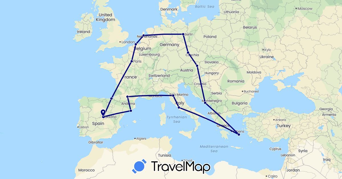 TravelMap itinerary: driving in Austria, Belgium, Czech Republic, Germany, Spain, France, Greece, Croatia, Italy, Netherlands (Europe)